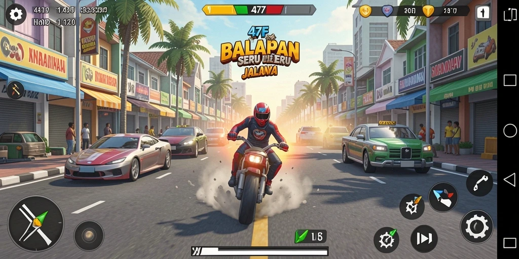 Tampilan gameplay 47F dengan mobil balap di lintasan
