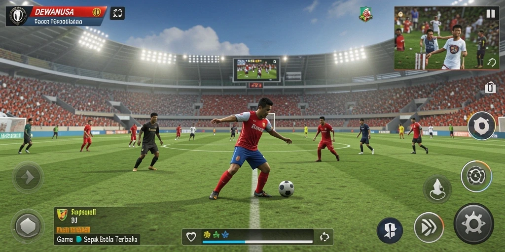 Tampilan gameplay seru dalam pertandingan sepak bola DEWANUSA.