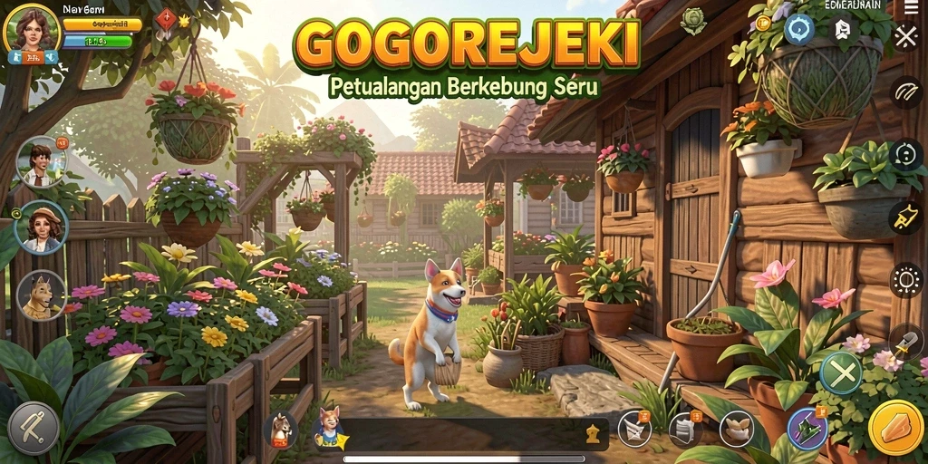 Screenshot GOGOREJEKI memperlihatkan kebun yang subur dan menarik.