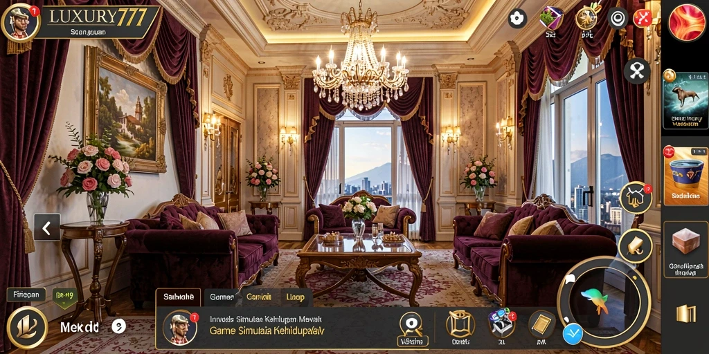 Tampilan gameplay <strong>LUXURY777</strong> yang menunjukkan kemewahan dan dekorasi rumah.