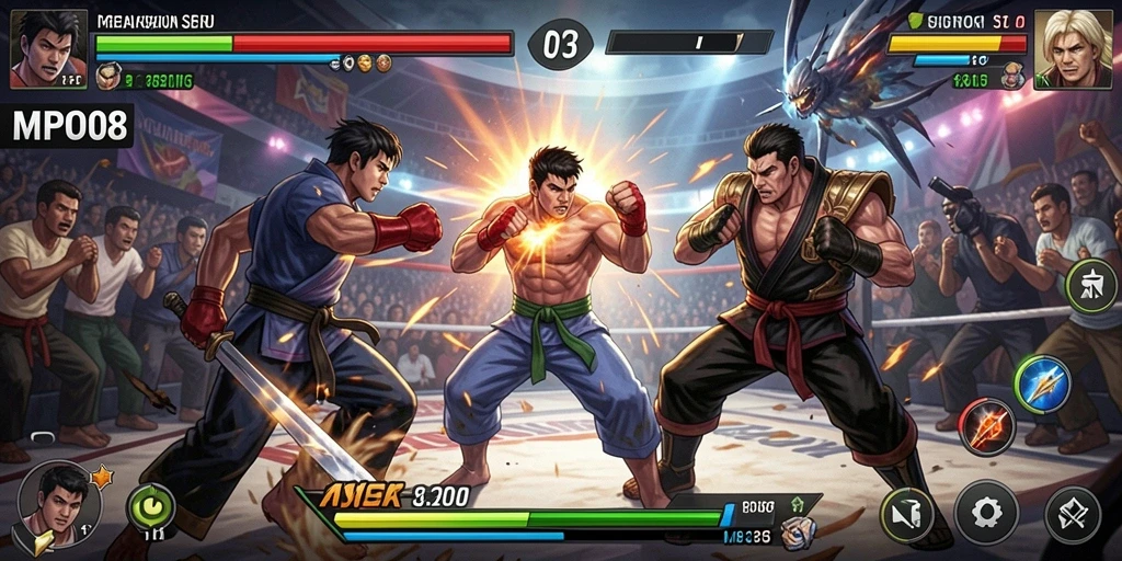 Tampilan seru dari gameplay Fighting MPO08 saat pertarungan berlangsung.