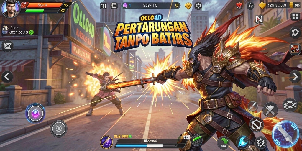 Screenshot utama OLLO4D menampilkan pertarungan epik di arena.